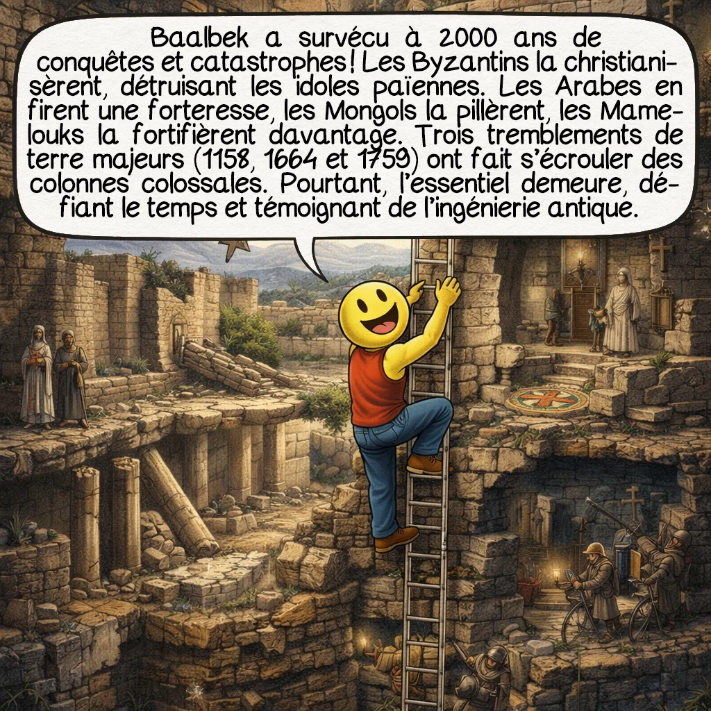 Baalbek, case 6 : Baalbek a survécu à 2000 ans de conquêtes et catastrophes ! Les Byzantins la christianisèrent, détruisant les idoles païennes. Les Arabes en firent une forteresse, les Mongols la pillèrent, les Mamelouks la fortifièrent davantage. Trois tremblements de terre majeurs — 1158, 1664 et 1759 — ont fait s’écrouler des colonnes colossales. Pourtant, l’essentiel demeure, défiant le temps et témoignant de l’ingénierie antique.