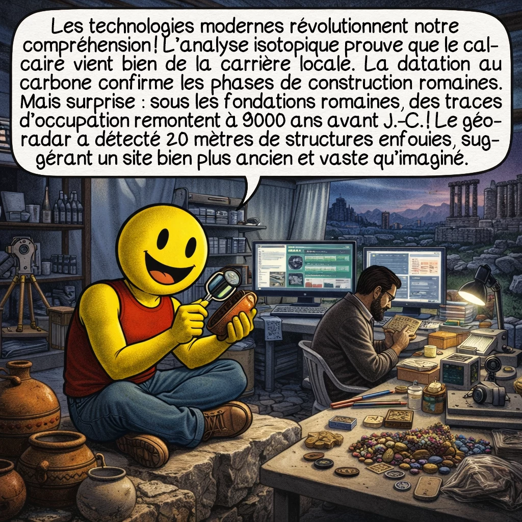 Baalbek, case 7 : Les technologies modernes révolutionnent notre compréhension ! L’analyse isotopique prouve que le calcaire vient bien de la carrière locale. La datation au carbone confirme les phases de construction romaines. Mais surprise : sous les fondations romaines, des traces d’occupation remontent à 9000 ans avant J.-C. ! Le géoradar a détecté 20 mètres de structures enfouies, suggérant un site bien plus ancien et vaste qu’imaginé.