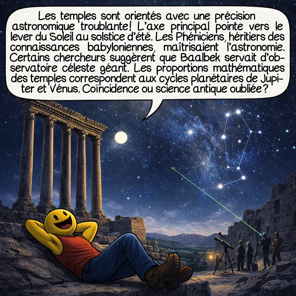 Baalbek, case 8 : Les temples sont orientés avec une précision astronomique troublante ! L’axe principal pointe vers le lever du soleil au solstice d’été. Les Phéniciens, héritiers des connaissances babyloniennes, maîtrisaient l’astronomie. Certains chercheurs suggèrent que Baalbek servait d’observatoire céleste géant. Les proportions mathématiques des temples correspondent aux cycles planétaires de Jupiter et Vénus. Coïncidence ou science antique oubliée ?