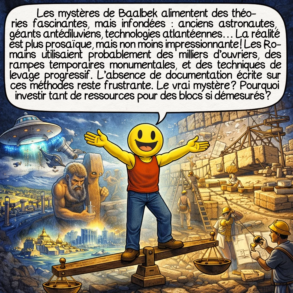Baalbek, case 9 : Les mystères de Baalbek alimentent des théories fascinantes, mais infondées : anciens astronautes, géants antédiluviens, technologies atlantéennes… La réalité est plus prosaïque, mais non moins impressionnante ! Les Romains utilisaient probablement des milliers d’ouvriers, des rampes temporaires monumentales, et des techniques de levage progressif. L’absence de documentation écrite sur ces méthodes reste frustrante. Le vrai mystère ? Pourquoi investir tant de ressources pour des blocs si démesurés ?