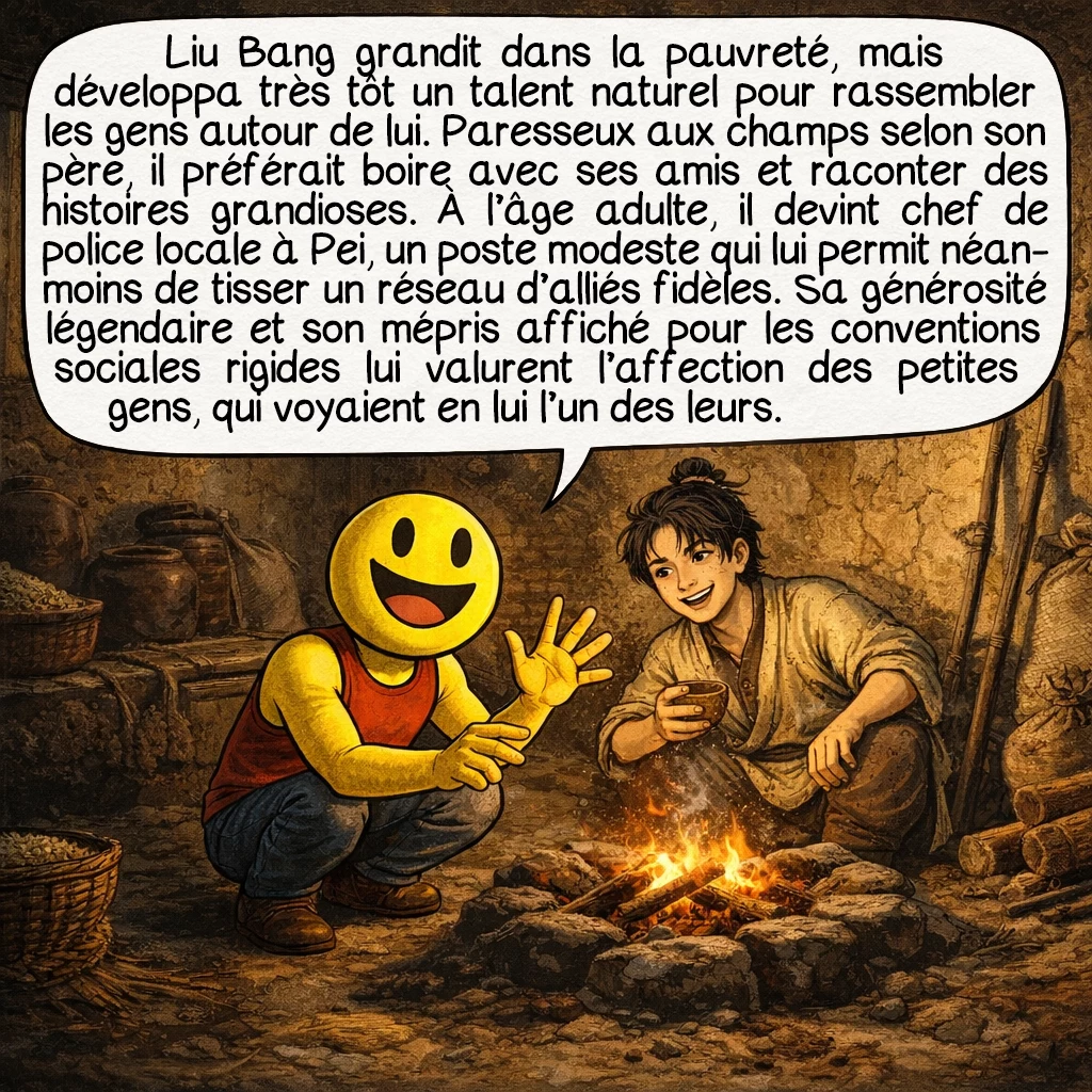 Han Gaozu, case 2 : Liu Bang grandit dans la pauvreté, mais développa très tôt un talent naturel pour rassembler les gens autour de lui. Paresseux aux champs selon son père, il préférait boire avec ses amis et raconter des histoires grandioses. À l’âge adulte, il devint chef de police locale à Pei, un poste modeste qui lui permit néanmoins de tisser un réseau d’alliés fidèles. Sa générosité légendaire et son mépris affiché pour les conventions sociales rigides lui valurent l’affection des petites gens, qui voyaient en lui l’un des leurs.