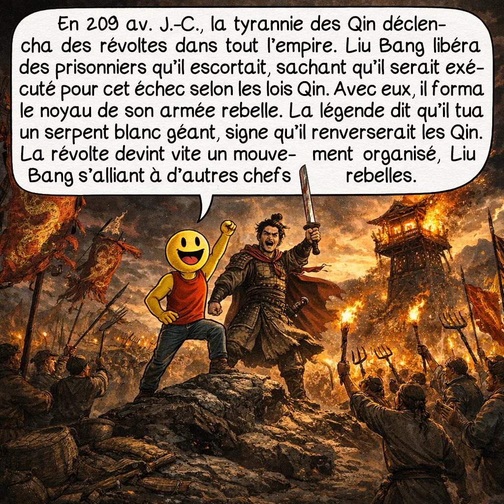 Han Gaozu, case 3 : En 209 avant J.-C., la tyrannie de la dynastie Qin provoqua des révoltes massives à travers l’empire. Liu Bang libéra des prisonniers qu’il devait escorter, sachant qu’il serait exécuté pour cet échec selon les lois draconiennes Qin. Avec ces hommes reconnaissants, il forma le noyau de sa future armée rebelle. La légende raconte qu’il tua un serpent blanc géant, présage qu’il renverserait les Qin, descendants symboliques du serpent blanc. Cette rébellion spontanée se transforma rapidement en mouvement organisé, Liu Bang s’alliant avec d’autres chefs rebelles contre l’ennemi commun.