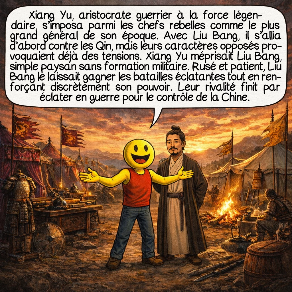 Han Gaozu, case 4 : Parmi les chefs rebelles émergea Xiang Yu, un aristocrate guerrier d’une force physique légendaire, considéré comme le plus grand général de son temps. Liu Bang et Xiang Yu formèrent d’abord une alliance contre les Qin, mais leurs personnalités opposées créaient déjà des tensions. Xiang Yu méprisait Liu Bang, qu’il voyait comme un paysan parvenu sans éducation militaire. Liu Bang, rusé et patient, laissait Xiang Yu remporter les batailles spectaculaires tout en consolidant secrètement son propre pouvoir politique. Cette rivalité latente allait bientôt exploser en conflit ouvert pour le contrôle de la Chine.