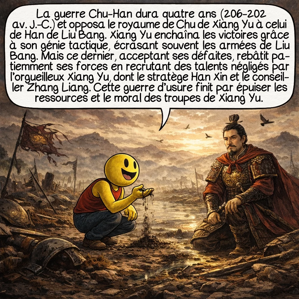 Han Gaozu, case 5 : La guerre Chu-Han dura quatre années sanglantes, de 206 à 202 avant J.-C., opposant le royaume de Chu dirigé par Xiang Yu au royaume de Han de Liu Bang. Xiang Yu remportait victoire sur victoire grâce à son génie tactique, écrasant les armées de Liu Bang dans des batailles frontales. Mais Liu Bang, acceptant ses défaites militaires, reconstruisait patiemment ses forces en recrutant des talents administratifs et militaires négligés par l’orgueilleux Xiang Yu. Il gagna notamment Han Xin, stratège brillant, et Zhang Liang, conseiller politique avisé. Cette guerre d’usure épuisait progressivement les ressources et le moral des troupes de Xiang Yu.
