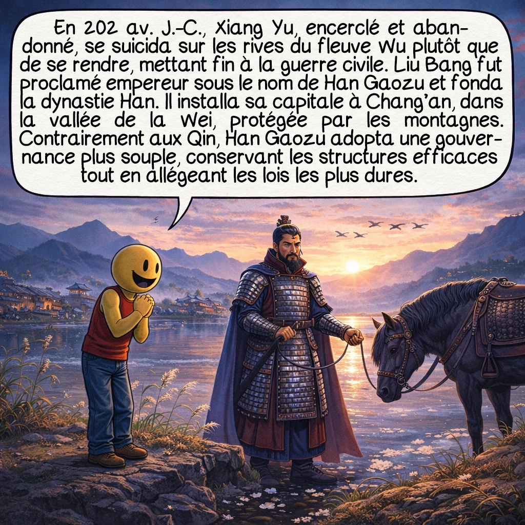 Han Gaozu, case 6 : En 202 avant J.-C., Xiang Yu, encerclé et abandonné par ses alliés, se suicida sur les rives du fleuve Wu plutôt que de se rendre, mettant fin à la guerre civile. Liu Bang, désormais sans rival, fut proclamé empereur sous le nom de Han Gaozu, inaugurant la dynastie Han. Il établit sa capitale à Chang'an, dans la vallée de la Wei, position stratégique protégée par des montagnes. Contrairement aux Qin qui avaient unifié par la force brutale, Han Gaozu comprit qu’il fallait gouverner avec plus de souplesse. Il conserva certaines structures Qin efficaces tout en assouplissant les lois les plus sévères.