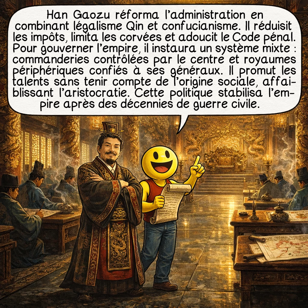 Han Gaozu, case 7 : Han Gaozu révolutionna l’administration en mélangeant pragmatiquement légalisme Qin et idéaux confucéens. Il réduisit les impôts écrasants, abolit les corvées excessives et simplifia le Code pénal draconien. Pour gouverner l’immense empire, il créa un système mixte innovant : commanderies directement administrées au centre, et royaumes semi-autonomes en périphérie confiés à ses généraux loyaux. Il promut les hommes de talent indépendamment de leur origine sociale, brisant partiellement le monopole aristocratique. Cette politique inclusive permit de stabiliser rapidement l’empire après des décennies de guerre civile destructrice.