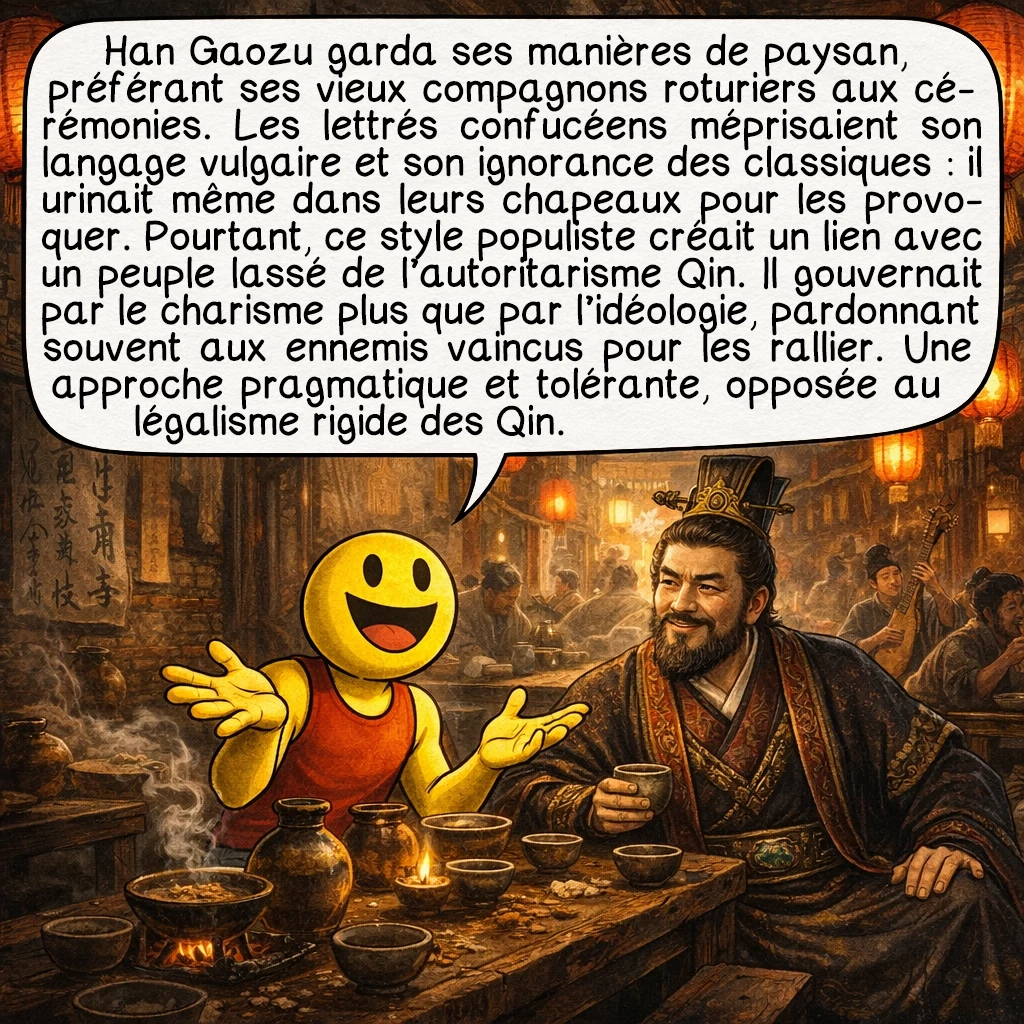 Han Gaozu, case 8 : Han Gaozu conserva toujours ses manières simples de paysan, préférant la compagnie de ses vieux compagnons roturiers aux cérémonies pompeuses. Les lettrés confucéens le méprisaient pour son langage vulgaire et son ignorance des classiques — il urinait même dans les chapeaux des érudits pour montrer son dédain ! Pourtant, ce style populiste créait un lien authentique avec le peuple las de l’autoritarisme Qin. Il gouvernait par le charisme personnel plus que par l’idéologie, pardonnant souvent à ses ennemis vaincus pour les rallier. Cette approche pragmatique et tolérante contrastait radicalement avec le légalisme rigide de ses prédécesseurs.
