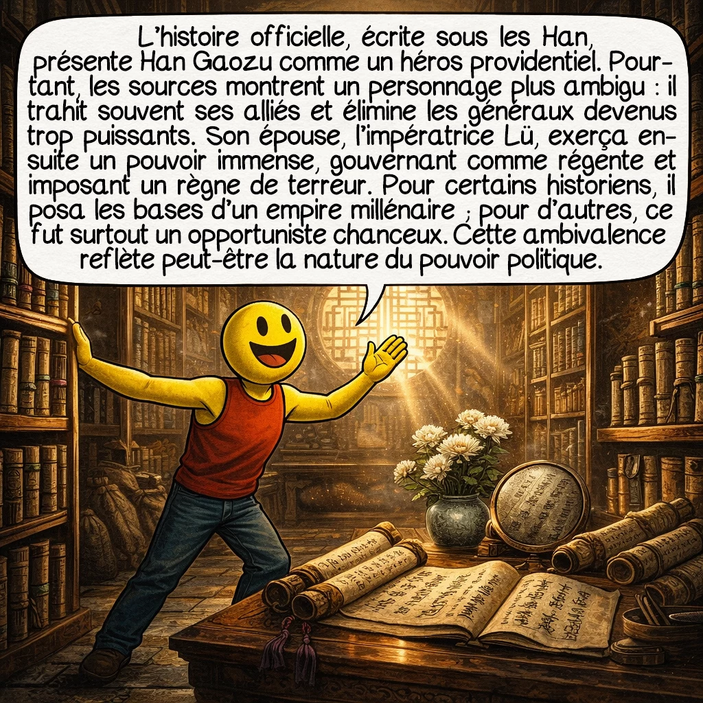 Han Gaozu, case 9 : L’histoire officielle, écrite sous les Han, présente Han Gaozu comme un héros providentiel, mais les sources révèlent un personnage complexe et controversé. Il trahit régulièrement ses alliés quand cela servait ses intérêts, éliminant systématiquement ses généraux trop puissants après la victoire. Son épouse, l’impératrice Lü, exerça une influence considérable, devenant régente après sa mort et instaurant un règne de terreur. Certains historiens voient en lui un visionnaire qui créa les fondations d’un empire millénaire, d’autres un opportuniste sans scrupules qui réussit par chance autant que par talent. Cette dualité reflète peut-être la nature même du pouvoir politique.