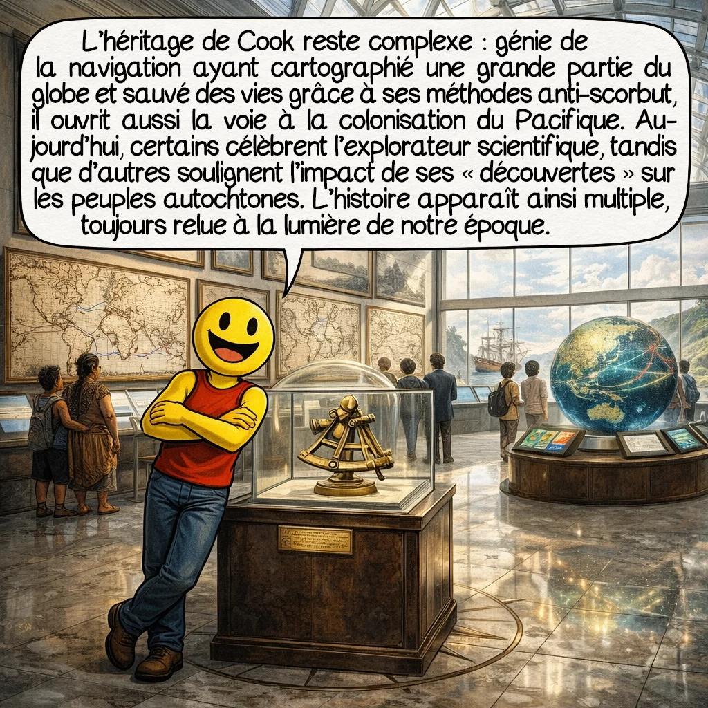 James Cook, case 10 : L’héritage de Cook reste complexe : génie de la navigation ayant cartographié un tiers du globe et sauvé d’innombrables vies grâce à ses méthodes anti-scorbut, il ouvrit involontairement la voie à la colonisation dévastatrice du Pacifique. Aujourd’hui, tandis que certains célèbrent l’explorateur scientifique, d’autres questionnent les conséquences de ses « découvertes » sur les peuples autochtones. Cette dualité nous rappelle que l’histoire n’est jamais simple, toujours vue à travers le prisme de notre époque.
