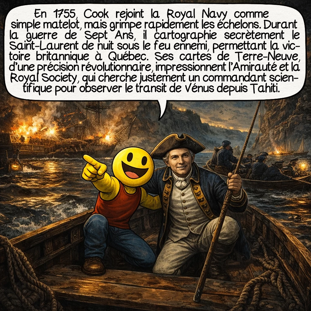 James Cook, case 3 : En 1755, Cook rejoint la Royal Navy comme simple matelot, mais grimpe rapidement les échelons. Durant la guerre de Sept Ans, il cartographie secrètement le Saint-Laurent de nuit sous le feu ennemi, permettant la victoire britannique à Québec. Ses cartes de Terre-Neuve, d’une précision révolutionnaire, impressionnent l’Amirauté et la Royal Society, qui cherche justement un commandant scientifique pour observer le transit de Vénus depuis Tahiti.