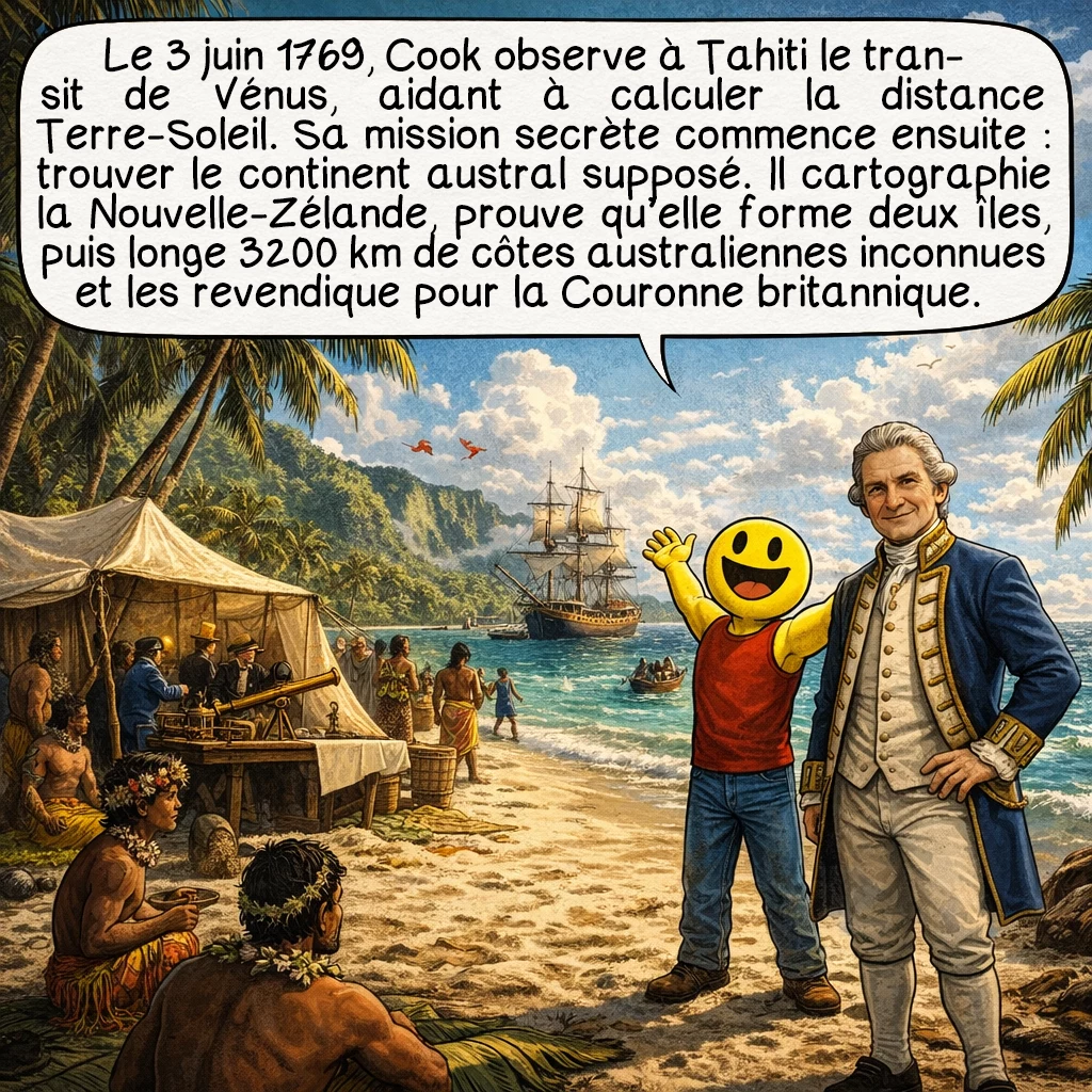 James Cook, case 4 : Le 3 juin 1769, Cook observe avec succès le transit de Vénus depuis Tahiti, contribuant au calcul de la distance Terre-Soleil. Mais sa mission secrète commence alors : trouver le mythique continent austral que les géographes imaginent depuis l’Antiquité. Il découvre et cartographie méticuleusement la Nouvelle-Zélande, prouvant qu’elle consiste en deux îles, puis longe 3200 km de côtes australiennes inconnues, revendiquant ces terres pour la Couronne britannique.