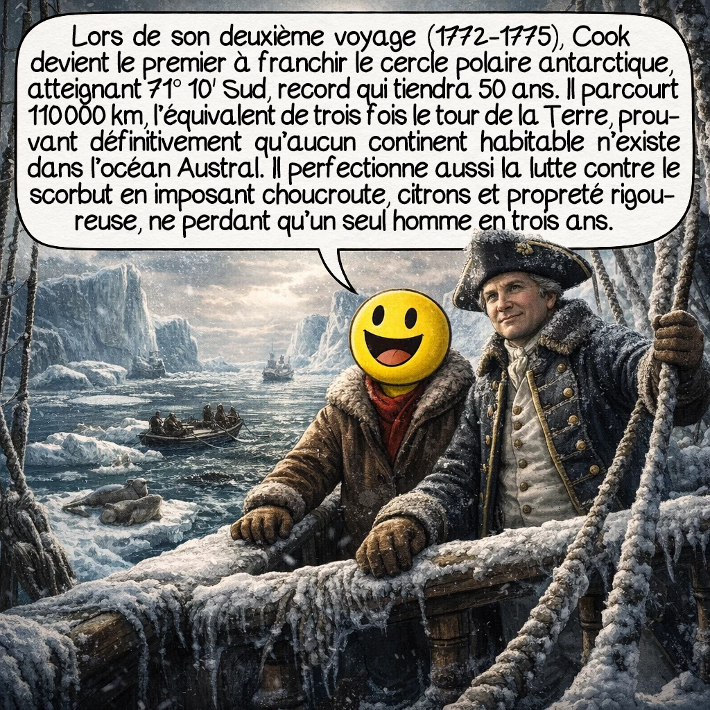 James Cook, case 5 : Lors de son deuxième voyage (1772-1775), Cook devient le premier à franchir le cercle polaire antarctique, atteignant 71° 10' Sud, record qui tiendra 50 ans. Il parcourt 110 000 km, l’équivalent de trois fois le tour de la Terre, prouvant définitivement qu’aucun continent habitable n’existe dans l’océan Austral. Il perfectionne aussi la lutte contre le scorbut en imposant choucroute, citrons et propreté rigoureuse, ne perdant qu’un seul homme en trois ans.