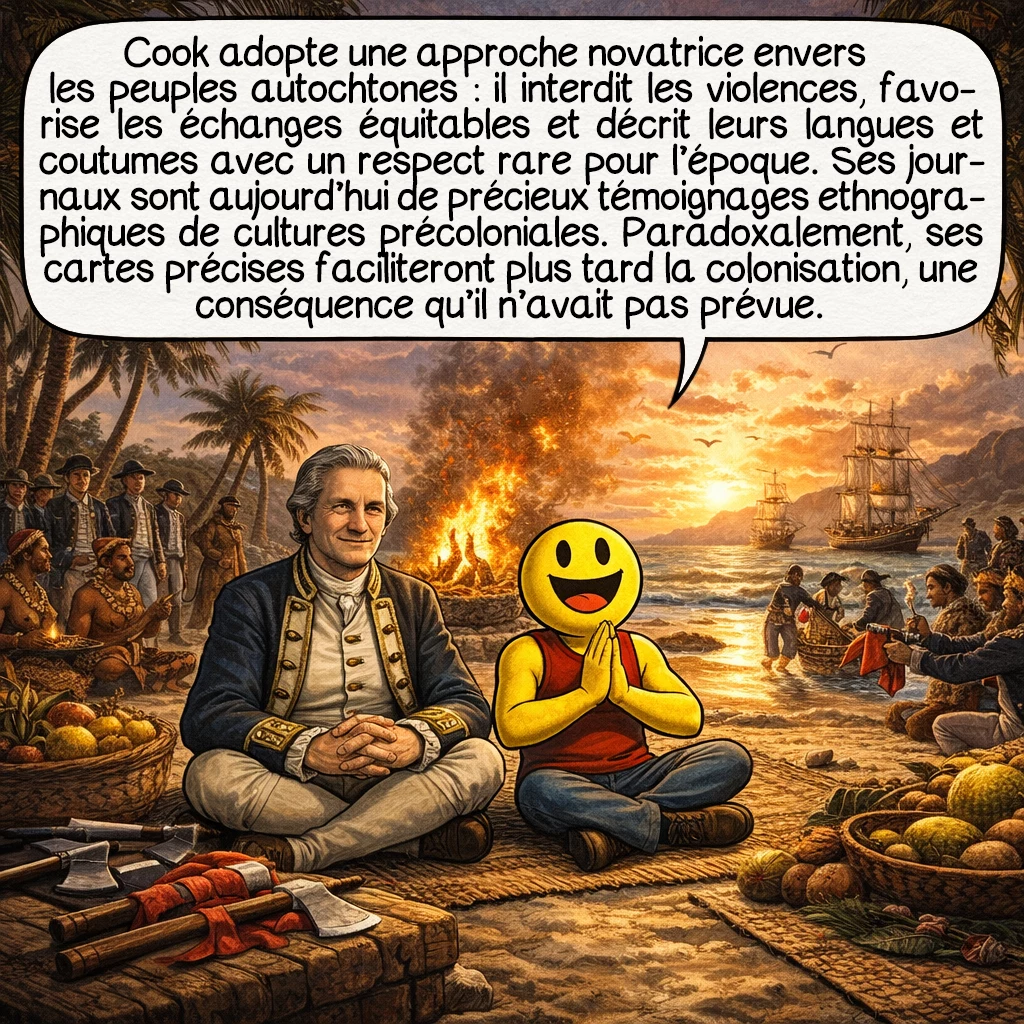 James Cook, case 6 : Cook développe une approche révolutionnaire des peuples autochtones : il interdit les violences, encourage les échanges équitables, documente leurs langues et coutumes avec un respect inhabituel pour l’époque. Ses journaux détaillés constituent aujourd’hui des témoignages ethnographiques précieux sur des cultures précoloniales. Paradoxalement, ses cartes précises faciliteront la colonisation future, conséquence qu’il n’avait pas anticipée, mais dont les historiens débattent encore l’impact.