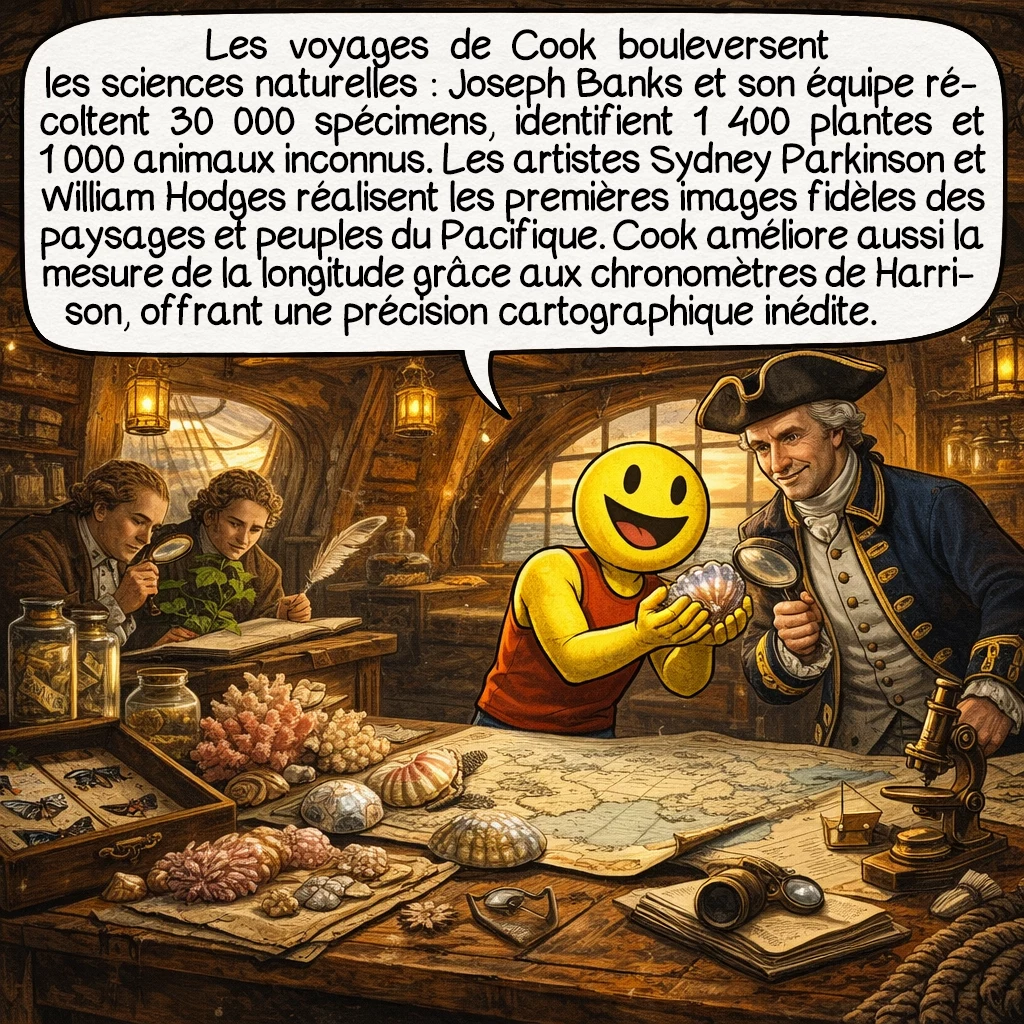 James Cook, case 7 : Les expéditions de Cook révolutionnent les sciences naturelles : Joseph Banks et son équipe collectent 30 000 spécimens, découvrent 1 400 espèces végétales et 1 000 espèces animales inconnues. Les artistes Sydney Parkinson et William Hodges produisent les premières représentations fidèles des paysages et peuples du Pacifique. Cook lui-même perfectionne les techniques de longitude avec les chronomètres de Harrison, atteignant une précision cartographique sans précédent.