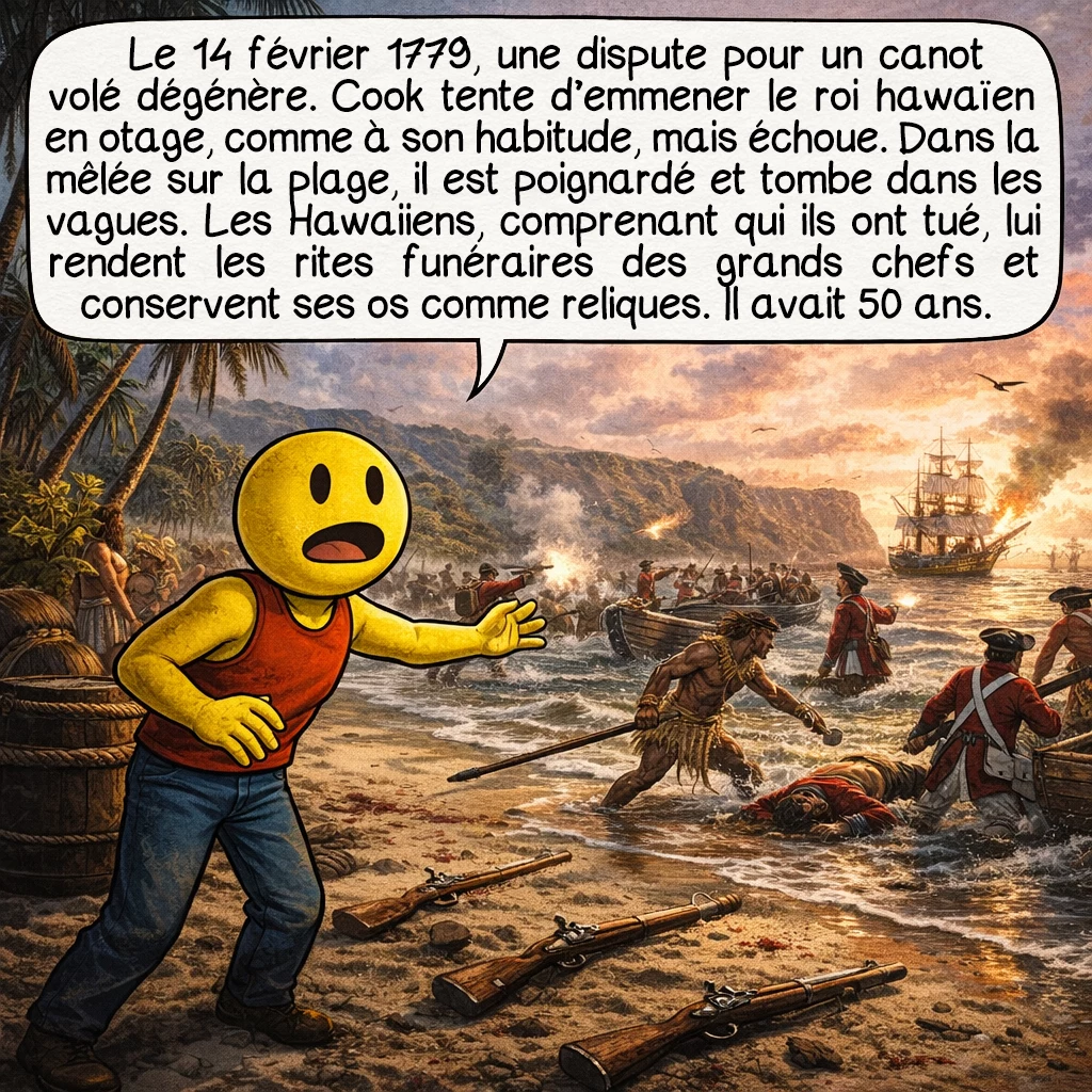 James Cook, case 9 : Le 14 février 1779, une dispute pour un canot volé dégénère. Cook tente d’emmener le roi hawaiien en otage selon sa méthode habituelle, mais, pour la première fois, elle échoue. Dans la mêlée sur la plage, il est poignardé et tombe dans les vagues. Les Hawaiiens, réalisant qui ils ont tué, accomplissent les rites funéraires réservés aux grands chefs, conservant ses os comme reliques sacrées. Il avait 50 ans.