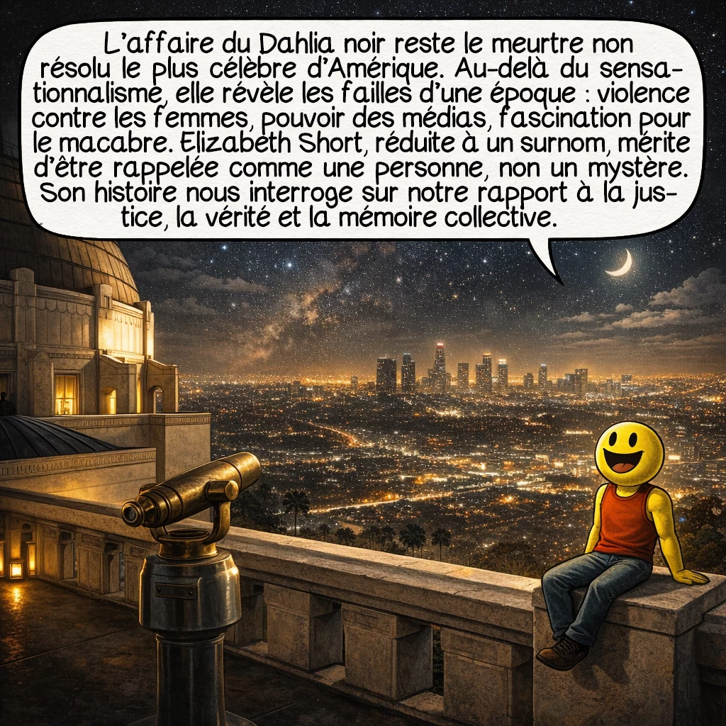 L’affaire du Dahlia noir, case 10 : L’affaire du Dahlia noir reste le meurtre non résolu le plus célèbre d’Amérique. Au-delà du sensationnalisme, elle révèle les failles d’une époque : violence contre les femmes, pouvoir des médias, fascination pour le macabre. Elizabeth Short, réduite à un surnom, mérite d’être rappelée comme une personne, non un mystère. Son histoire nous interroge sur notre rapport à la justice, la vérité et la mémoire collective.