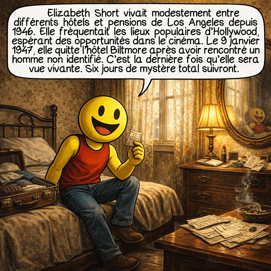 L’affaire du Dahlia noir, case 2 : Elizabeth Short vivait modestement entre différents hôtels et pensions de Los Angeles depuis 1946. Elle fréquentait les lieux populaires d’Hollywood, espérant des opportunités dans le cinéma. Le 9 janvier 1947, elle quitte l’hôtel Biltmore après avoir rencontré un homme non identifié. C’est la dernière fois qu’elle sera vue vivante. Six jours de mystère total suivront.