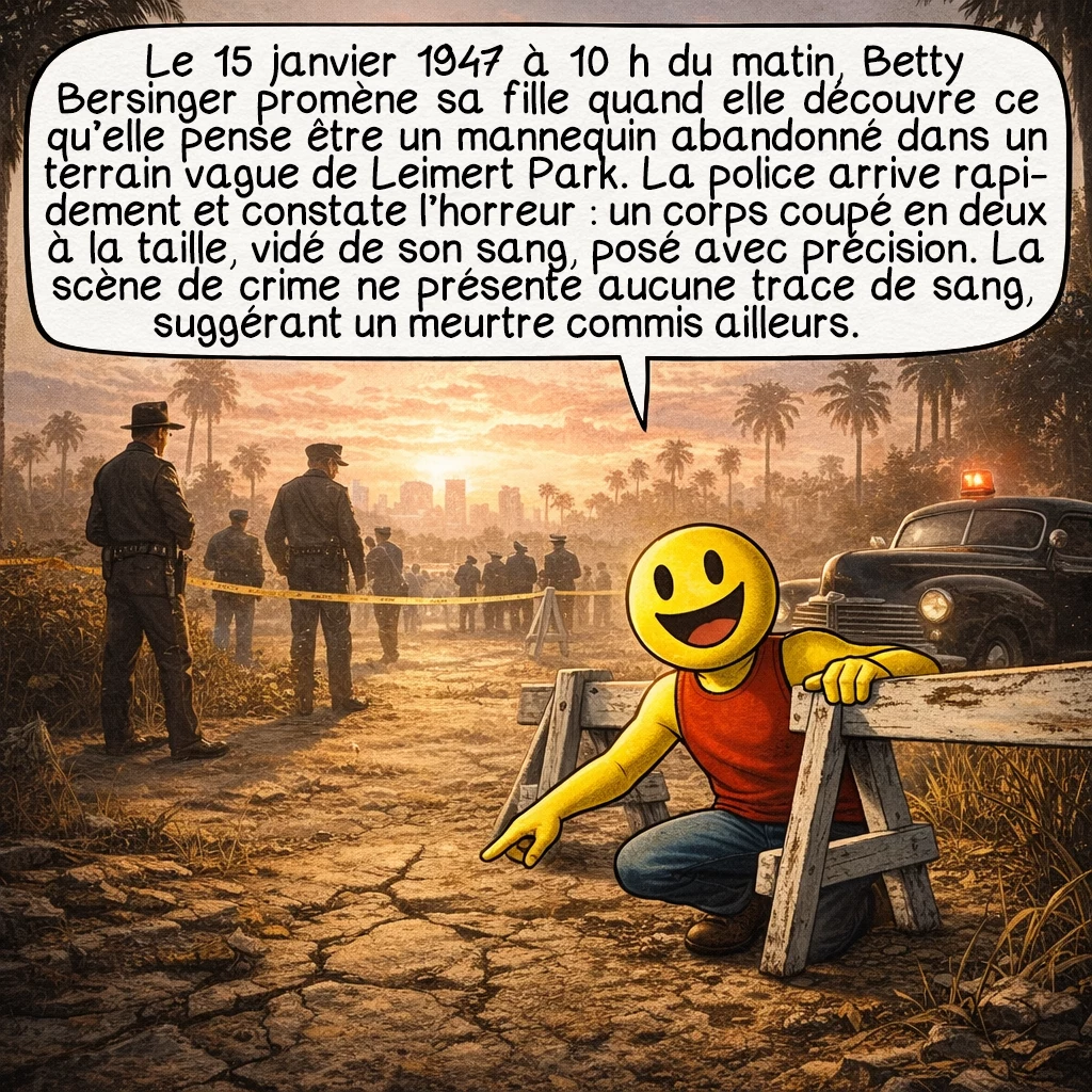 L’affaire du Dahlia noir, case 3 : Le 15 janvier 1947 à 10 h du matin, Betty Bersinger promène sa fille quand elle découvre ce qu’elle pense être un mannequin abandonné dans un terrain vague de Leimert Park. La police arrive rapidement et constate l’horreur : un corps coupé en deux à la taille, vidé de son sang, posé avec précision. La scène de crime ne présente aucune trace de sang, suggérant un meurtre commis ailleurs.