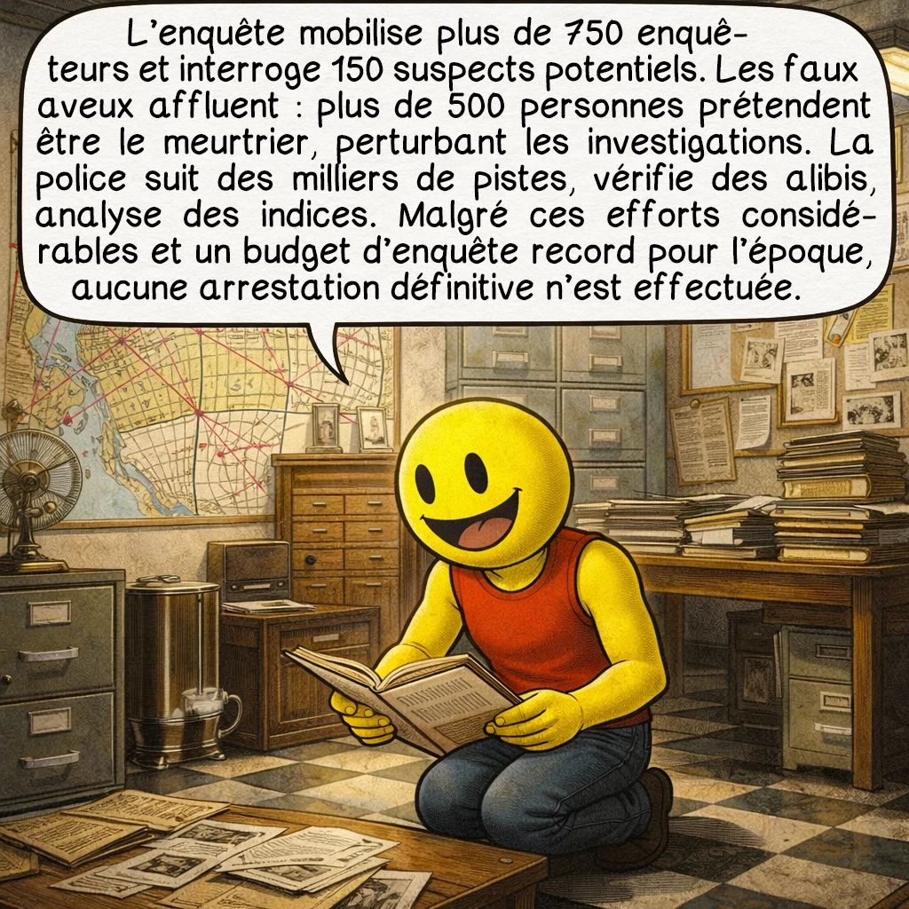 L’affaire du Dahlia noir, case 5 : L’enquête mobilise plus de 750 enquêteurs et interroge 150 suspects potentiels. Les faux aveux affluent : plus de 500 personnes prétendent être le meurtrier, perturbant les investigations. La police suit des milliers de pistes, vérifie des alibis, analyse des indices. Malgré ces efforts considérables et un budget d’enquête record pour l’époque, aucune arrestation définitive n’est effectuée.