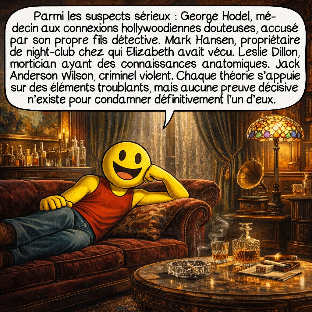 L’affaire du Dahlia noir, case 6 : Parmi les suspects sérieux : George Hodel, médecin aux connexions hollywoodiennes douteuses, accusé par son propre fils détective. Mark Hansen, propriétaire de night-club chez qui Elizabeth avait vécu. Leslie Dillon, mortician ayant des connaissances anatomiques. Jack Anderson Wilson, criminel violent. Chaque théorie s’appuie sur des éléments troublants, mais aucune preuve décisive n’existe pour condamner définitivement l’un d’eux.