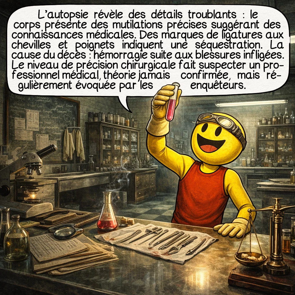 L’affaire du Dahlia noir, case 7 : L’autopsie révèle des détails troublants : le corps présente des mutilations précises suggérant des connaissances médicales. Des marques de ligatures aux chevilles et poignets indiquent une séquestration. La cause du décès : hémorragie suite aux blessures infligées. Le niveau de précision chirurgicale fait suspecter un professionnel médical, théorie jamais confirmée, mais régulièrement évoquée par les enquêteurs.