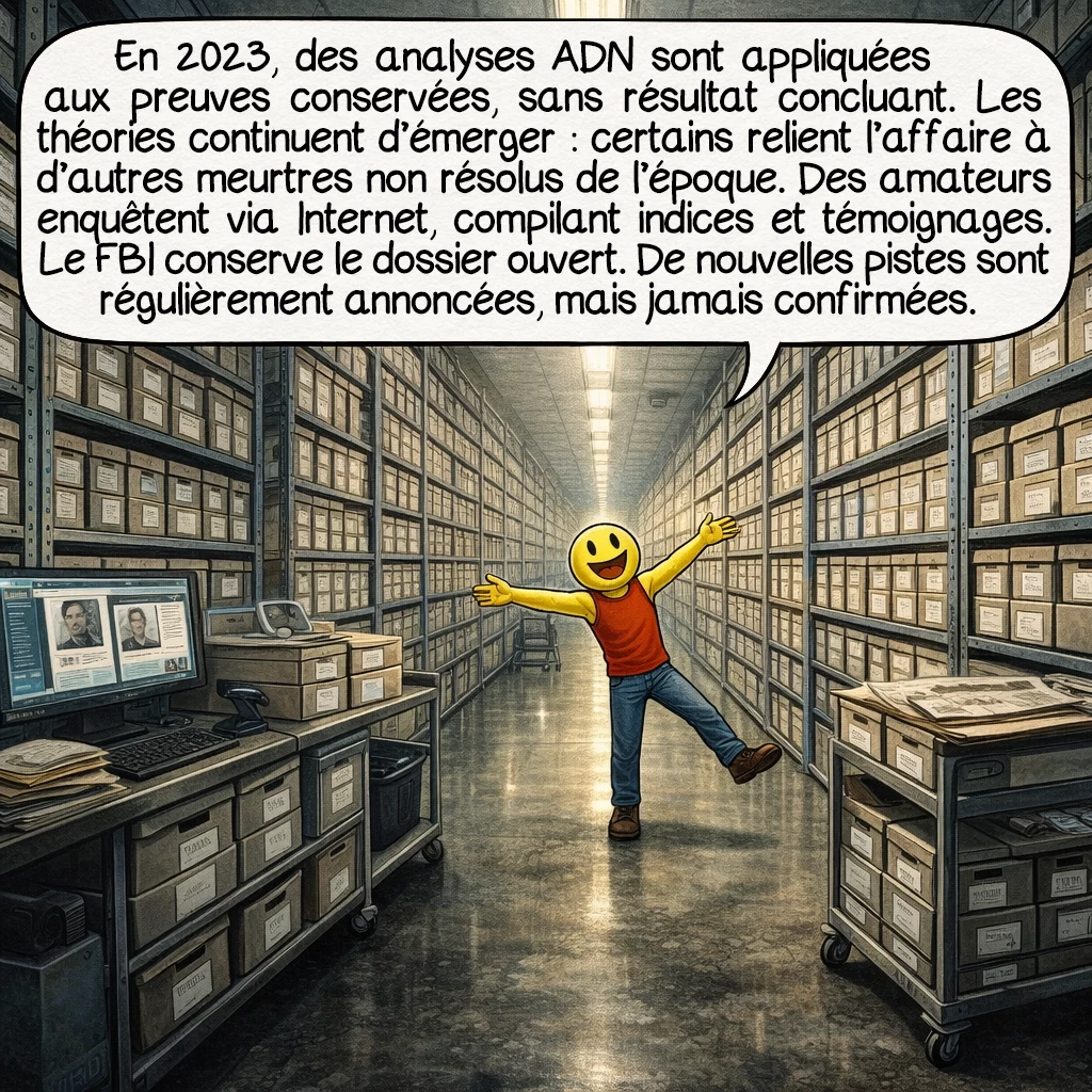 L’affaire du Dahlia noir, case 9 : En 2023, les analyses ADN modernes sont appliquées aux preuves conservées, sans résultat concluant. Les théories continuent d’émerger : certains relient l’affaire à d’autres meurtres non résolus de l’époque. Des amateurs enquêtent via internet, compilant indices et témoignages. Le FBI conserve le dossier ouvert, classé dans les cold cases. Nouvelles pistes régulièrement annoncées, mais jamais confirmées.