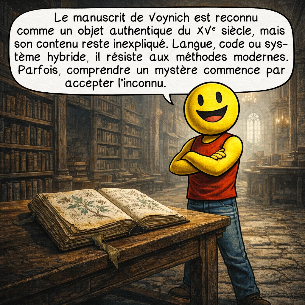 Le manuscrit de Voynich, case 10 : Le manuscrit de Voynich est aujourd’hui reconnu comme un objet authentique du XVe siècle, mais son contenu reste inexpliqué. Il pourrait être une langue, un code, ou un système unique mêlant plusieurs techniques. Ce qui est certain, c’est qu’il résiste encore aux méthodes modernes. Et parfois, comprendre un mystère commence par accepter ce que l’on ne sait pas encore.