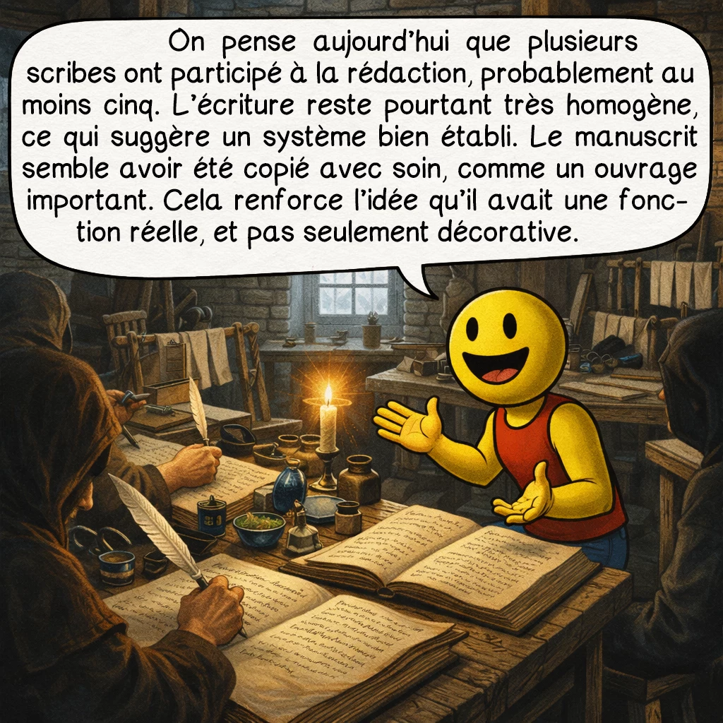 Le manuscrit de Voynich, case 3 : On pense aujourd’hui que plusieurs scribes ont participé à la rédaction, probablement au moins cinq. L’écriture reste pourtant très homogène, ce qui suggère un système bien établi. Le manuscrit semble avoir été copié avec soin, comme un ouvrage important. Cela renforce l’idée qu’il avait une fonction réelle, et pas seulement décorative.