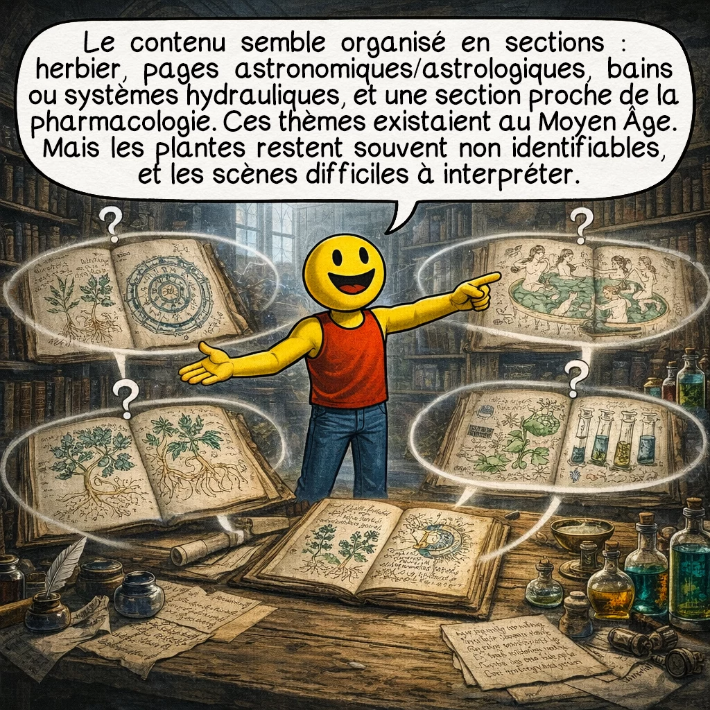 Le manuscrit de Voynich, case 4 : Le contenu semble organisé en sections. On distingue un herbier, des pages astronomiques ou astrologiques, une partie avec des bains ou des systèmes hydrauliques, et une section proche de la pharmacologie. Ces thèmes existaient au Moyen Âge. Mais les plantes sont souvent impossibles à identifier, et les scènes restent difficiles à interpréter précisément.