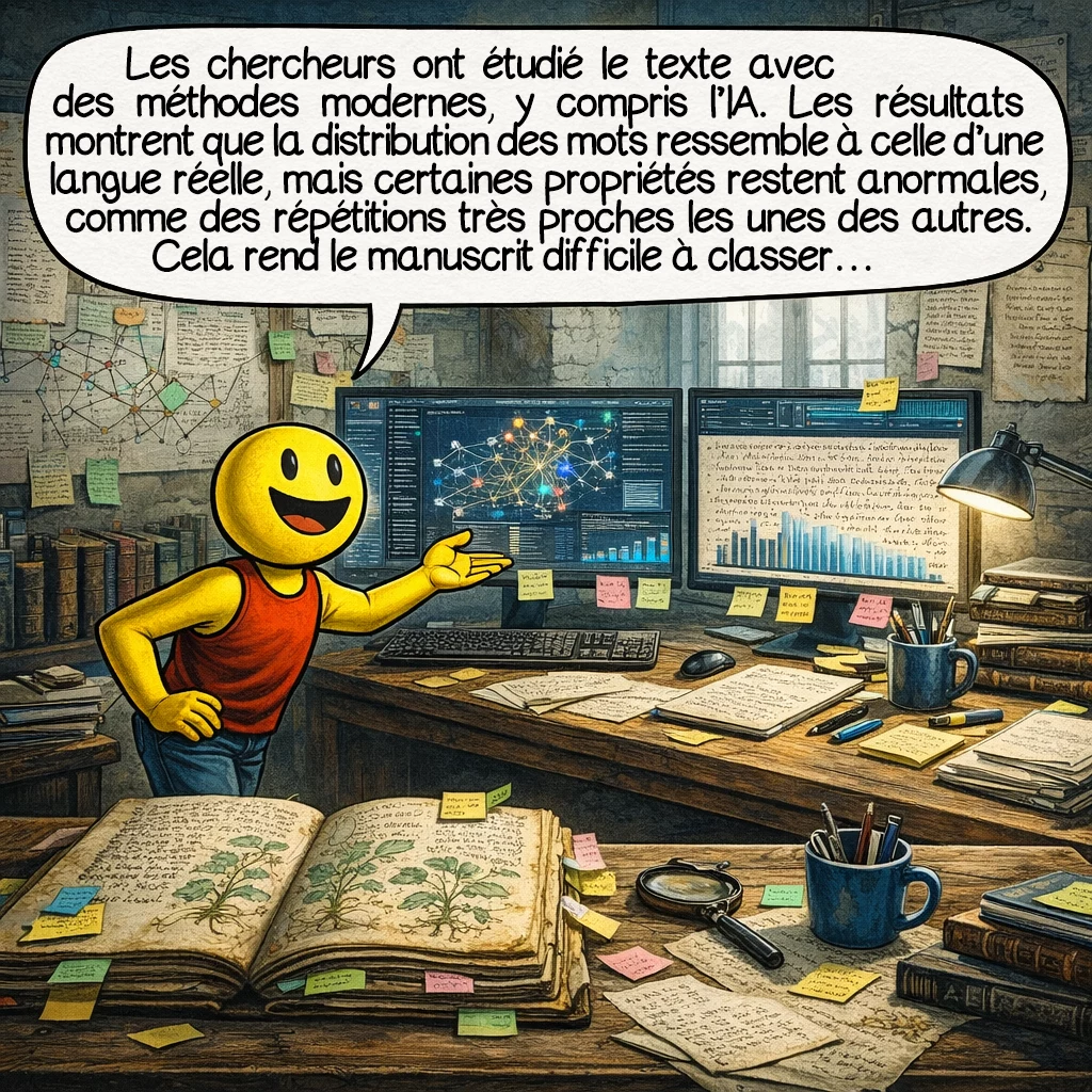 Le manuscrit de Voynich, case 5 : Les chercheurs ont étudié le texte avec des méthodes modernes, y compris l’intelligence artificielle. Les résultats montrent que la distribution des mots ressemble à celle d’une langue réelle. Mais certaines propriétés restent anormales, comme des répétitions très proches les unes des autres. Cela rend le manuscrit difficile à classer clairement.
