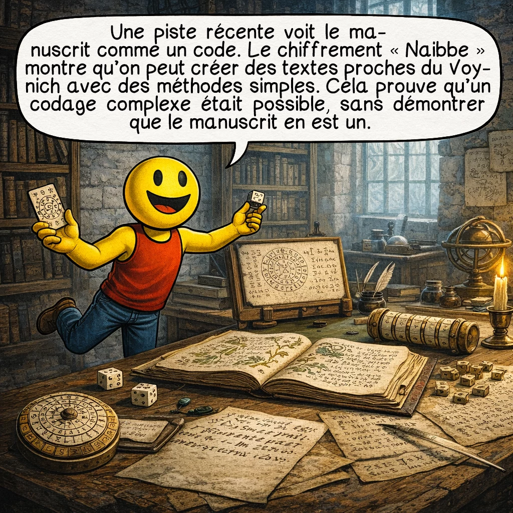Le manuscrit de Voynich, case 6 : Une piste récente propose que le manuscrit soit un code. Un chiffrement moderne appelé « Naibbe » a montré qu’on peut produire des textes visuellement et statistiquement proches du Voynich avec des méthodes simples. Cela prouve qu’un système de codage complexe était possible à l’époque. Mais cela ne signifie pas que le manuscrit est forcément un code.