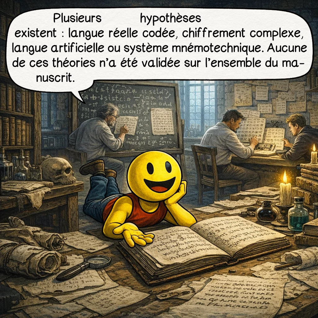 Le manuscrit de Voynich, case 7 : Plusieurs hypothèses coexistent aujourd’hui. Certains pensent qu’il s’agit d’une langue réelle codée. D’autres y voient un système de chiffrement complexe. D’autres encore évoquent une langue artificielle ou un système mnémotechnique. Aucune de ces théories n’a été validée sur l’ensemble du manuscrit.