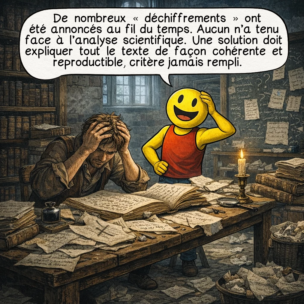 Le manuscrit de Voynich, case 8 : De nombreuses annonces de « déchiffrement » ont été faites au fil du temps. Aucune n’a résisté à la vérification scientifique. Pour être acceptée, une solution doit expliquer tout le texte de manière cohérente et reproductible. Jusqu’à présent, ce critère n’a jamais été rempli.
