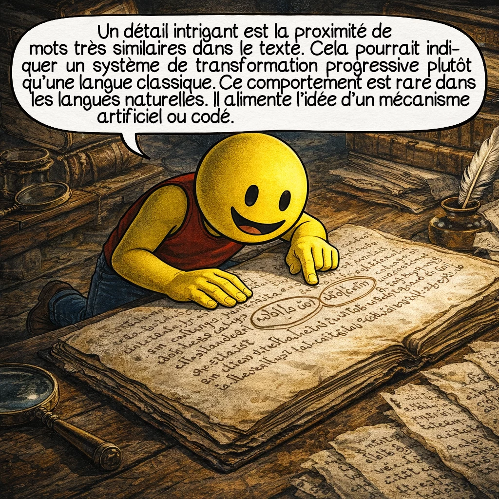 Le manuscrit de Voynich, case 9 : Un détail intrigant est la proximité de mots très similaires dans le texte. Cela pourrait indiquer un système de transformation progressive plutôt qu’une langue classique. Ce comportement est rare dans les langues naturelles. Il alimente l’idée d’un mécanisme artificiel ou codé.