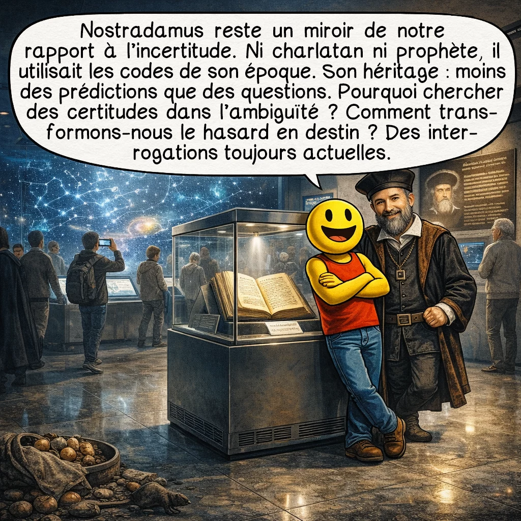 Nostradamus, case 10 : Nostradamus reste un miroir fascinant de nos rapports à l’incertitude et au futur. Ni charlatan cynique ni prophète authentique, il était un homme de son temps utilisant les outils culturels disponibles. Son héritage ? Moins des prédictions que des questions : pourquoi cherchons-nous des certitudes dans l’ambiguïté ? Comment notre besoin de sens transforme-t-il le hasard en destin ? Des questions toujours actuelles, cinq siècles plus tard.