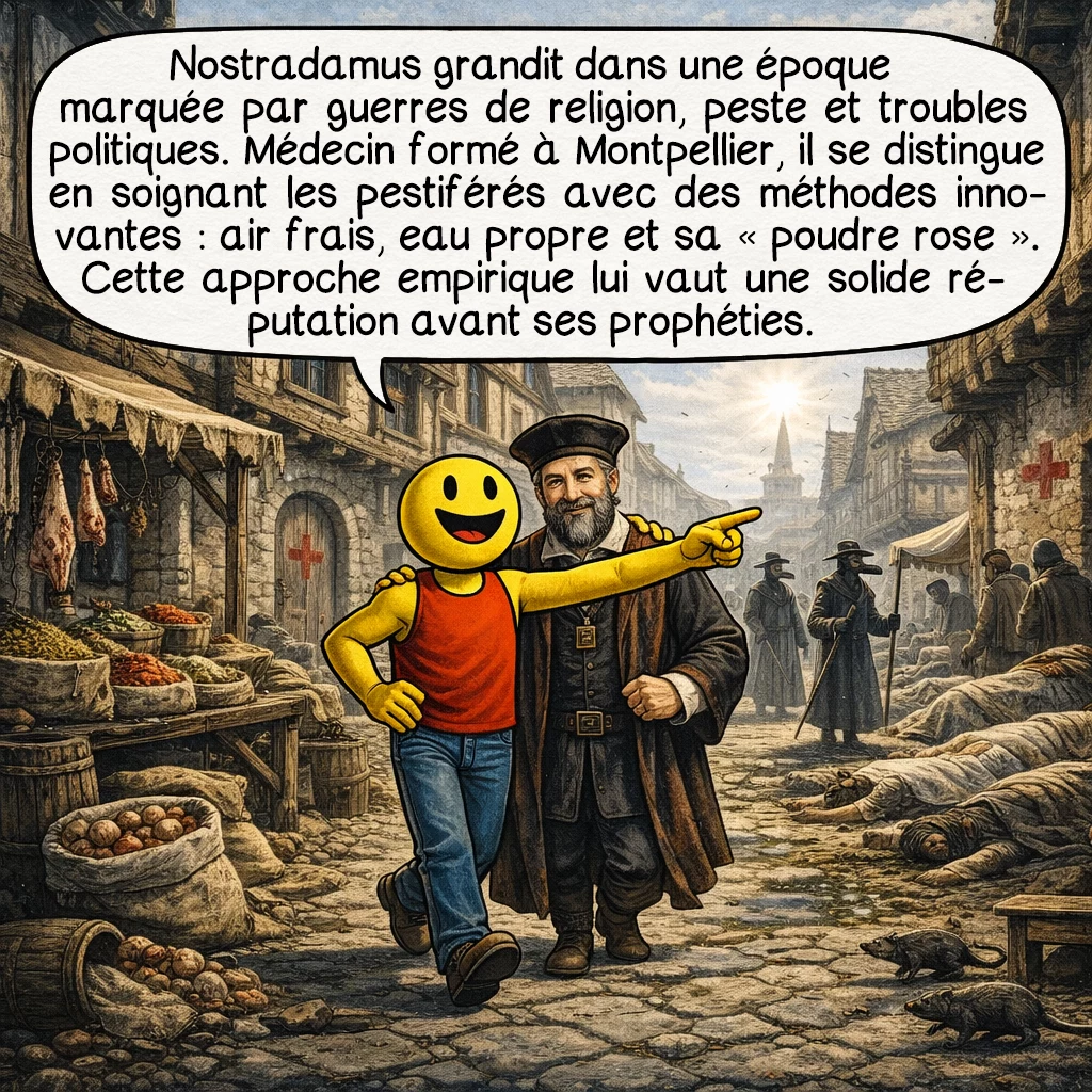 Nostradamus, case 2 : Nostradamus grandit dans une époque tourmentée par les guerres de religion, les épidémies de peste et les bouleversements politiques. Formé comme médecin à Montpellier, il se distingue d’abord en soignant les pestiférés avec des méthodes innovantes : air frais, eau propre, et sa fameuse « poudre rose » antiseptique. Cette approche empirique, rare pour l’époque, lui vaut une solide réputation bien avant ses prophéties.