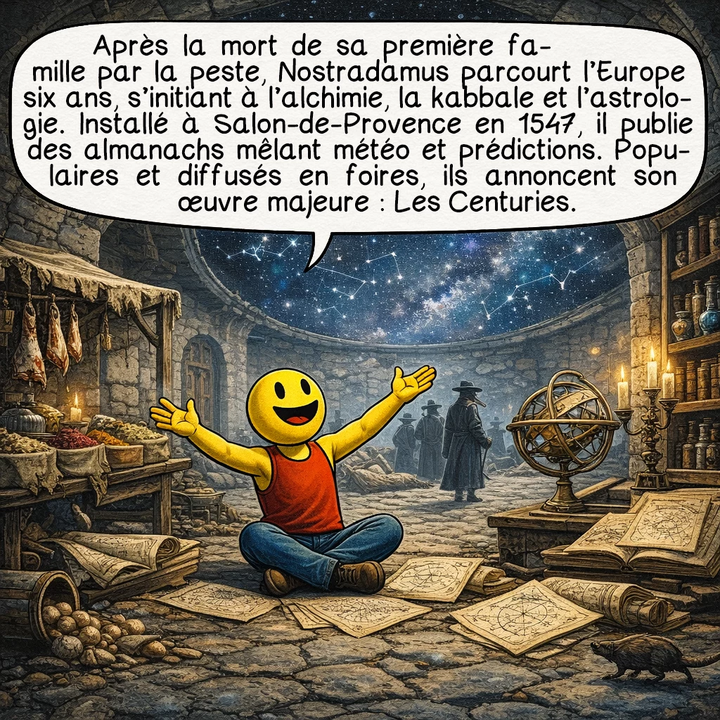 Nostradamus, case 3 : Après la mort tragique de sa première famille par la peste, Nostradamus voyage six ans à travers l’Europe, étudiant l’alchimie, la kabbale et l’astrologie. Installé à Salon-de-Provence en 1547, il commence à publier des almanachs annuels mêlant prédictions météorologiques et prophéties. Ces publications populaires, vendues dans les foires, préparent le terrain pour son œuvre majeure : Les Prophéties.