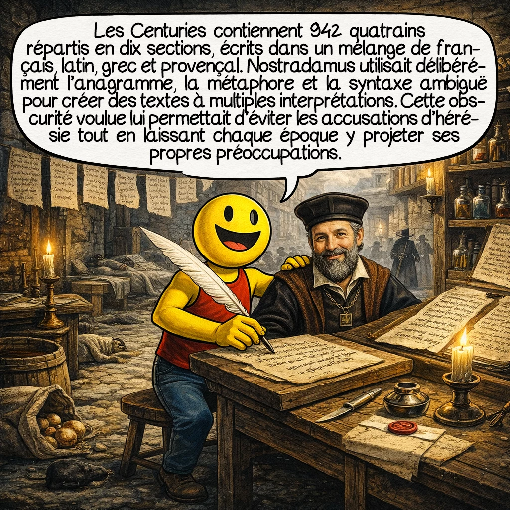 Nostradamus, case 4 : Les Centuries contiennent 942 quatrains répartis en dix sections, écrits dans un mélange cryptique de français, latin, grec et provençal. Nostradamus utilisait délibérément l’anagramme, la métaphore et la syntaxe ambiguë pour créer des textes à multiples interprétations. Cette obscurité voulue lui permettait d’éviter les accusations d’hérésie tout en laissant chaque époque y projeter ses propres préoccupations.