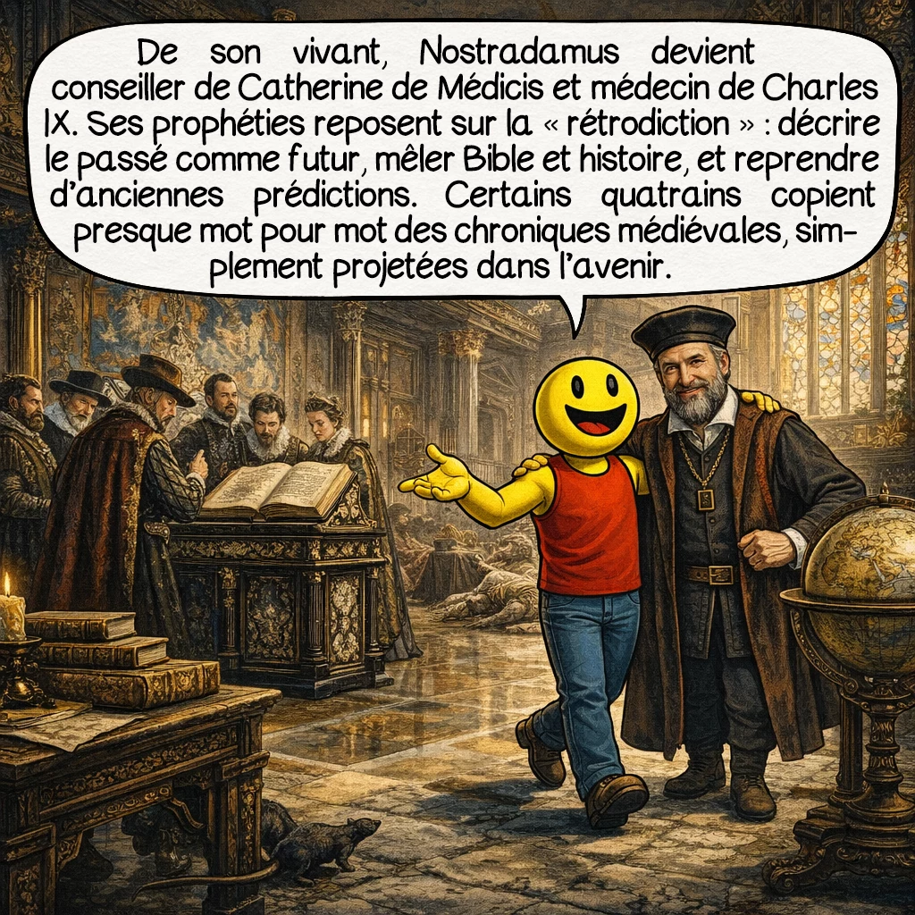 Nostradamus, case 5 : De son vivant, Nostradamus devient conseiller de Catherine de Médicis et médecin de Charles IX. Ses prophéties utilisent la technique de la « rétrodiction » : décrire des événements passés comme futurs, mélanger références bibliques et historiques, recycler des prédictions antérieures d’autres auteurs. Par exemple, plusieurs quatrains reprennent presque mot pour mot des chroniques médiévales, simplement transposées au futur.