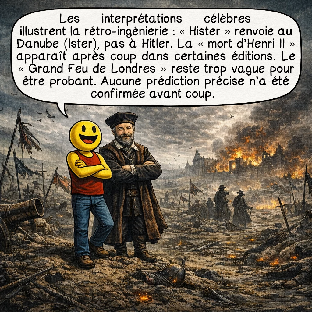 Nostradamus, case 6 : Les interprétations célèbres illustrent parfaitement le phénomène de rétro-ingénierie : le quatrain sur « Hister » ne désignait pas Hitler, mais le Danube (Ister en latin). La « mort d’Henri II » n’était publiée qu’après l’événement dans certaines éditions. Le « Grand Feu de Londres » de 1666 utilise des termes si vagues qu’ils pourraient décrire n’importe quel incendie urbain majeur. Aucune prédiction précise n’a jamais été identifiée avant sa réalisation.