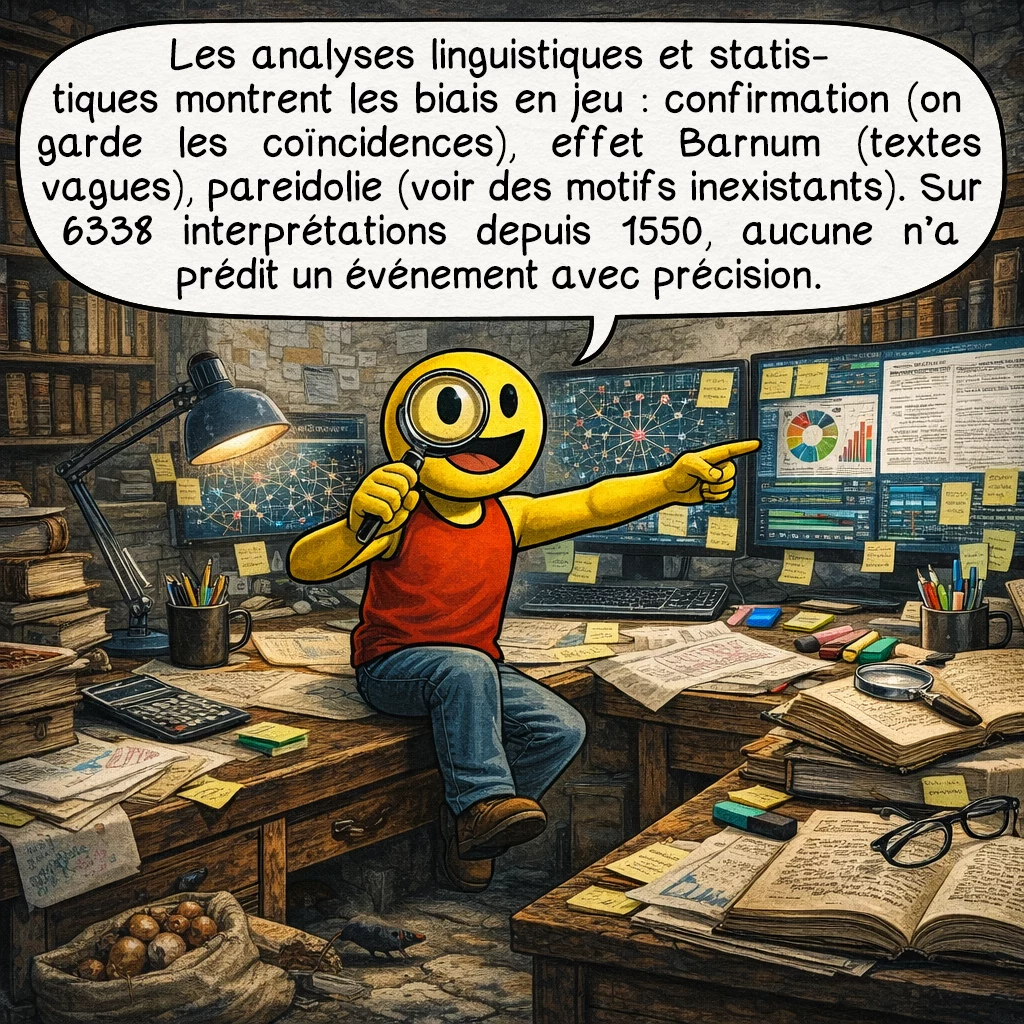 Nostradamus, case 7 : Les études linguistiques et statistiques révèlent les mécanismes psychologiques en jeu : biais de confirmation (on retient les coïncidences, on oublie les échecs), effet Barnum (textes assez vagues pour s’appliquer à tous), pareidolie textuelle (voir des motifs là où il n’y en a pas). Sur 6338 interprétations documentées depuis 1550, aucune n’a permis d’anticiper un événement avec précision opérationnelle.