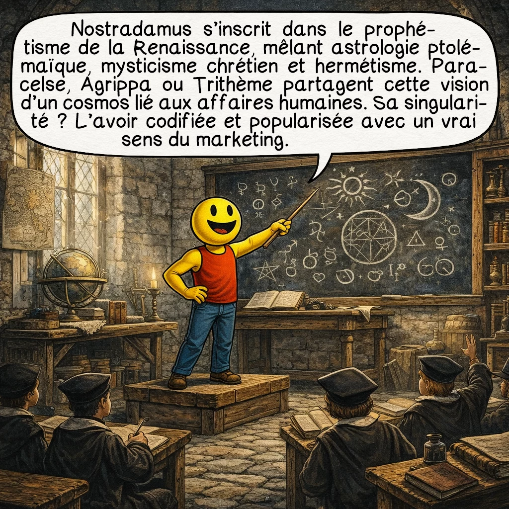 Nostradamus, case 8 : Nostradamus s’inscrivait dans une longue tradition de prophétisme Renaissance mêlant astrologie ptolémaïque, mysticisme chrétien et philosophie hermétique. Ses contemporains Paracelse, Agrippa, ou Trithème partageaient cette vision d’un cosmos interconnecté où les astres influencent les affaires humaines. Son originalité ? Avoir systématisé et commercialisé cette approche avec un génie marketing indéniable.