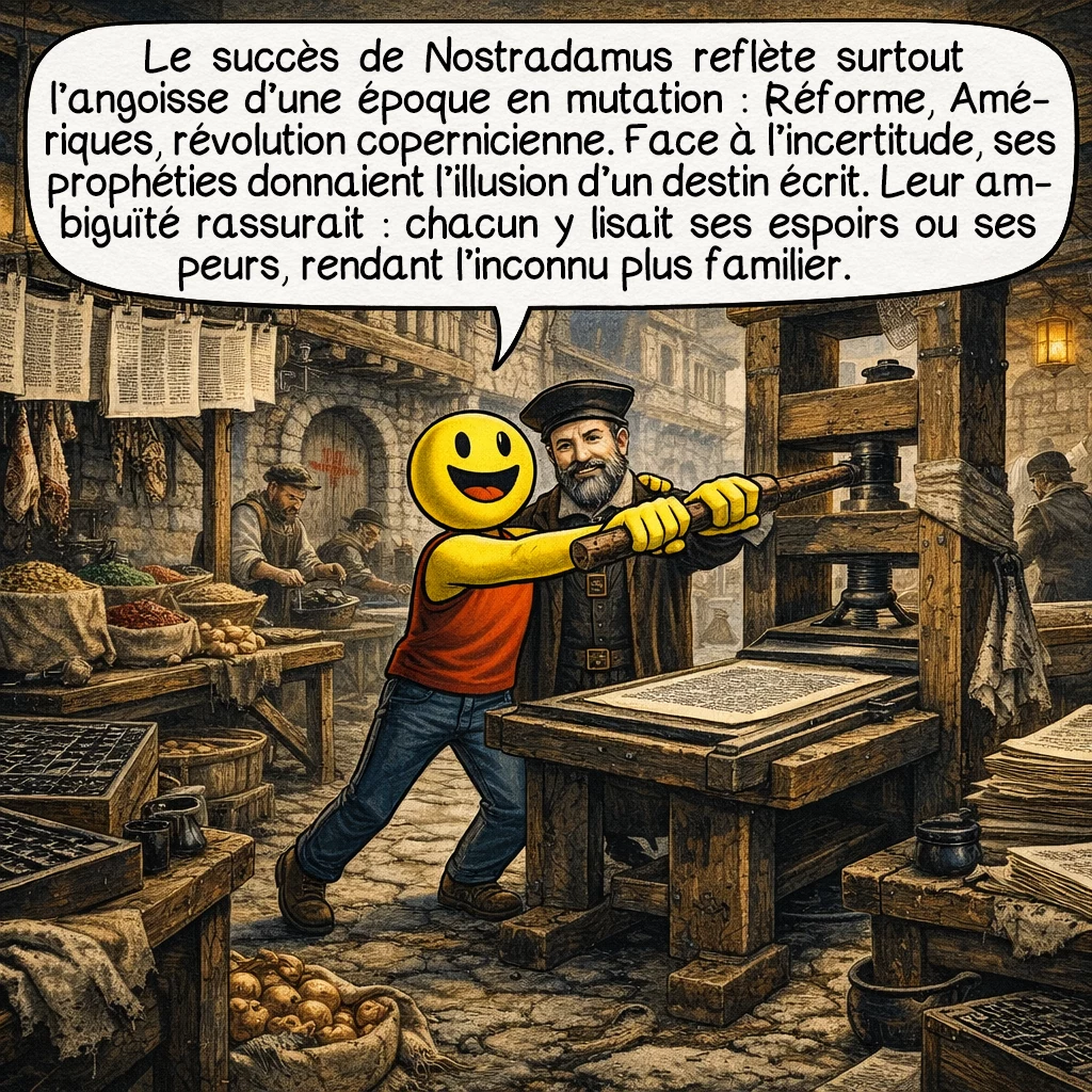 Nostradamus, case 9 : Le succès éditorial de Nostradamus révèle surtout l’anxiété d’une époque en mutation : Réforme protestante, découverte des Amériques, révolution copernicienne. Face à l’incertitude, ses prophéties offraient l’illusion d’un destin écrit. Paradoxalement, leur ambiguïté même les rendait rassurantes : chacun pouvait y lire ce qui confirmait ses espoirs ou ses craintes, transformant l’angoisse de l’inconnu en narration familière.