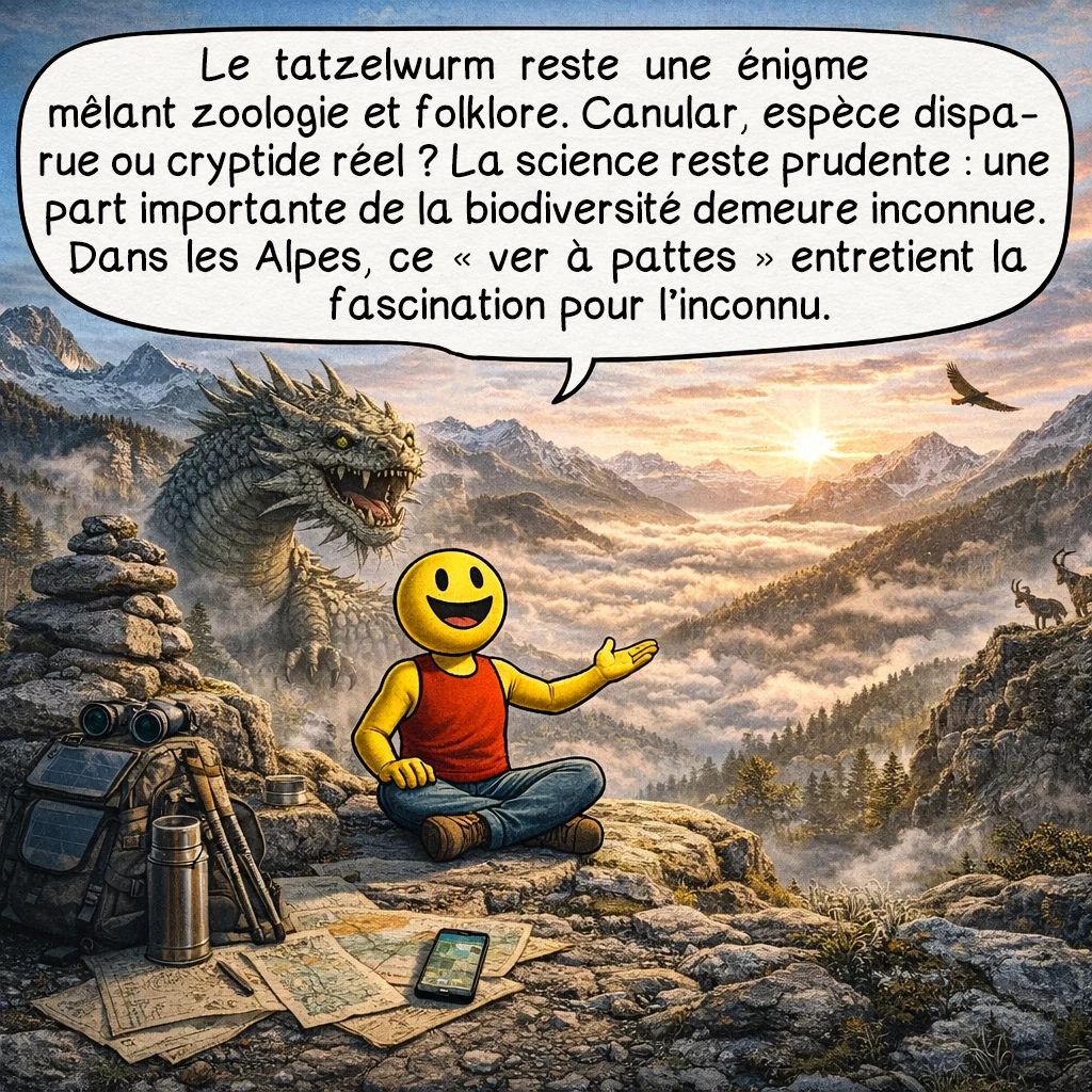 Le tatzelwurm, case 10 : Le tatzelwurm reste une énigme fascinante où convergent zoologie, folklore et psychologie collective. Canular perpétué, mémoire déformée d’une espèce éteinte, ou cryptide authentique ? La science n’exclut rien : 86 % de la biodiversité terrestre reste non cataloguée. Chaque année, 18 000 nouvelles espèces sont décrites. Dans les recoins inaccessibles des Alpes, entre réalité et légende, le mystère du ver à pattes continue d’alimenter notre fascination pour l’inconnu.