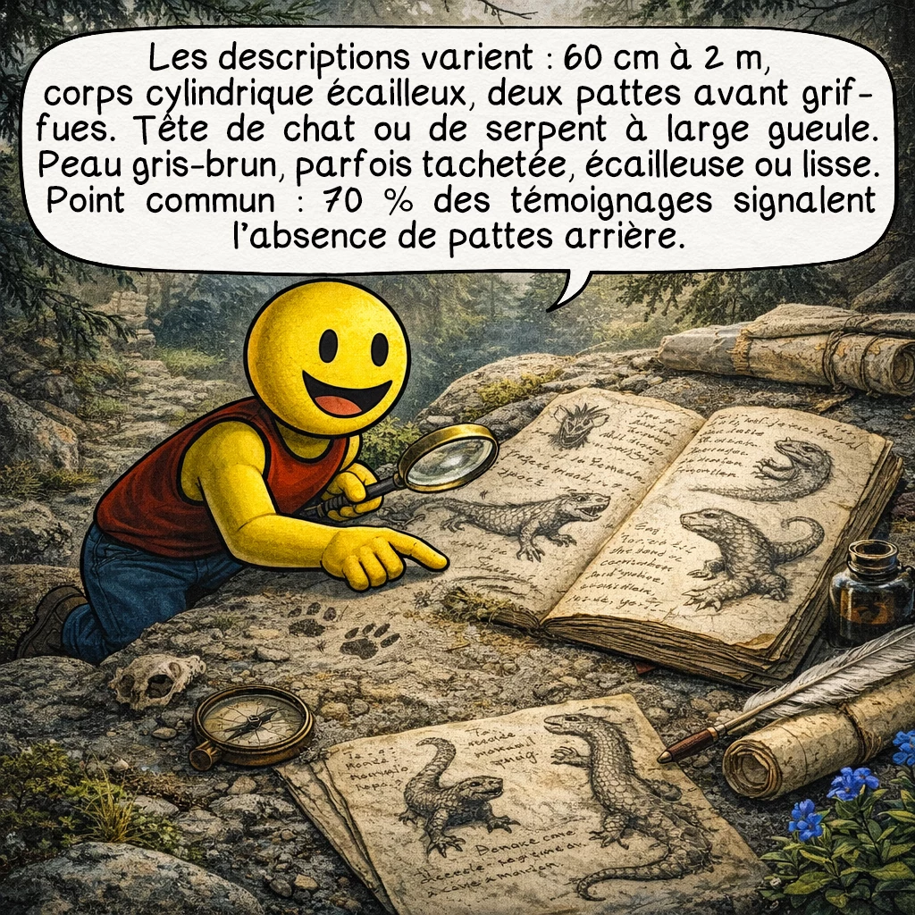 Le tatzelwurm, case 2 : Les descriptions varient : longueur de 60 cm à 2 mètres, corps cylindrique écailleux, deux pattes avant griffues uniquement. Certains témoins évoquent une tête de chat, d’autres celle d’un serpent à large gueule. La peau serait gris-brun, parfois tachetée, avec une texture soit écailleuse soit lisse selon les récits. Fait troublant : 70 % des témoignages concordent sur l’absence de pattes arrière.