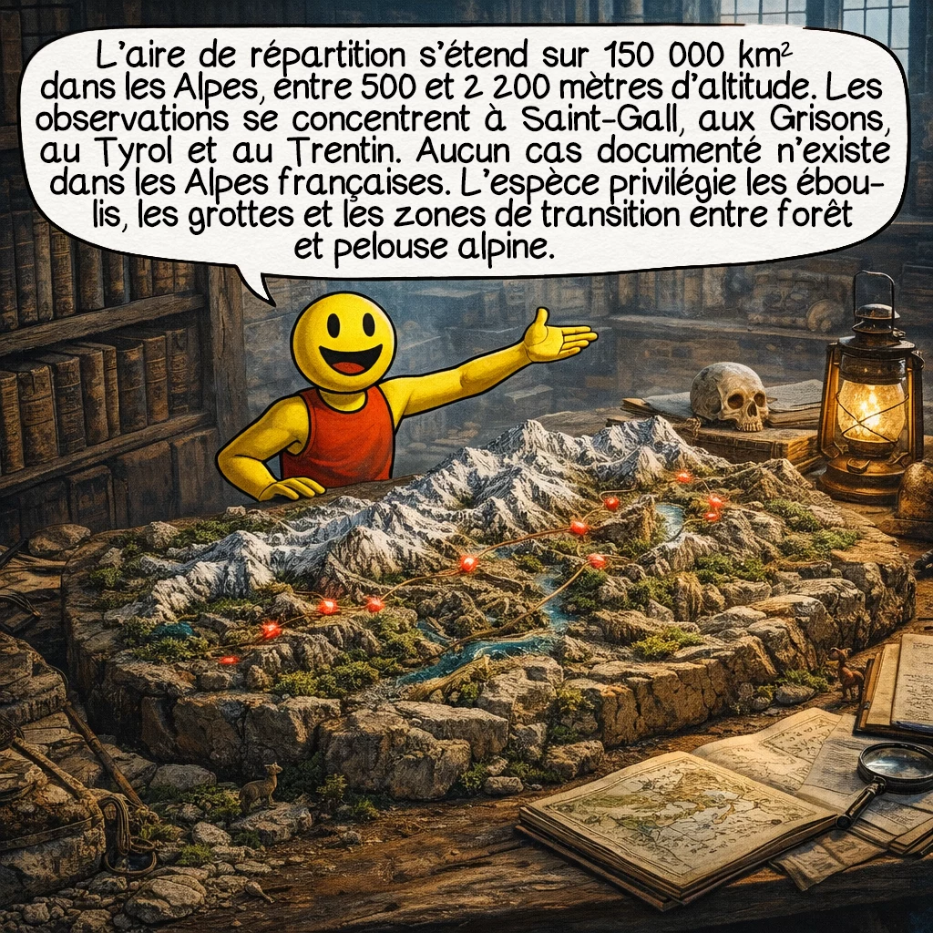 Le tatzelwurm, case 3 : L’aire de répartition couvre 150 000 km² dans les Alpes centrales et orientales, entre 500 et 2 200 mètres d’altitude. Les observations se concentrent dans les cantons suisses de Saint-Gall et des Grisons, le Tyrol autrichien et le Trentin italien. Curieusement, aucun signalement documenté dans les Alpes françaises. Les biotopes privilégiés : éboulis rocheux, grottes, zones de transition entre forêt et pelouse alpine.
