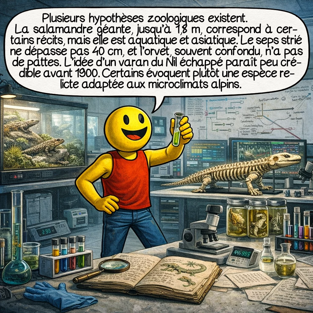 Le tatzelwurm, case 5 : Hypothèses zoologiques : la salamandre géante (jusqu’à 1,8 m) pourrait expliquer certaines observations, mais elle est aquatique et asiatique. Le seps strié, lézard serpentiforme à pattes atrophiées, mesure seulement 40 cm. L’orvet, souvent confondu, n’a aucune patte. Le varan du Nil, échappé de captivité ? Peu probable avant 1900. Certains biologistes évoquent une espèce relique du Tertiaire, survivant dans des microclimats alpins.