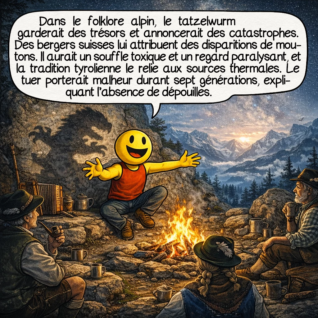 Le tatzelwurm, case 6 : Dans le folklore alpin, le tatzelwurm garde les trésors cachés et prédit les catastrophes naturelles. Les bergers suisses lui attribuaient les disparitions inexpliquées de moutons. Son souffle serait toxique, son regard paralysant. La tradition tyrolienne le lie aux sources thermales souterraines. Paradoxalement, tuer un tatzelwurm porterait malheur pendant sept générations, expliquant peut-être l’absence de dépouilles.