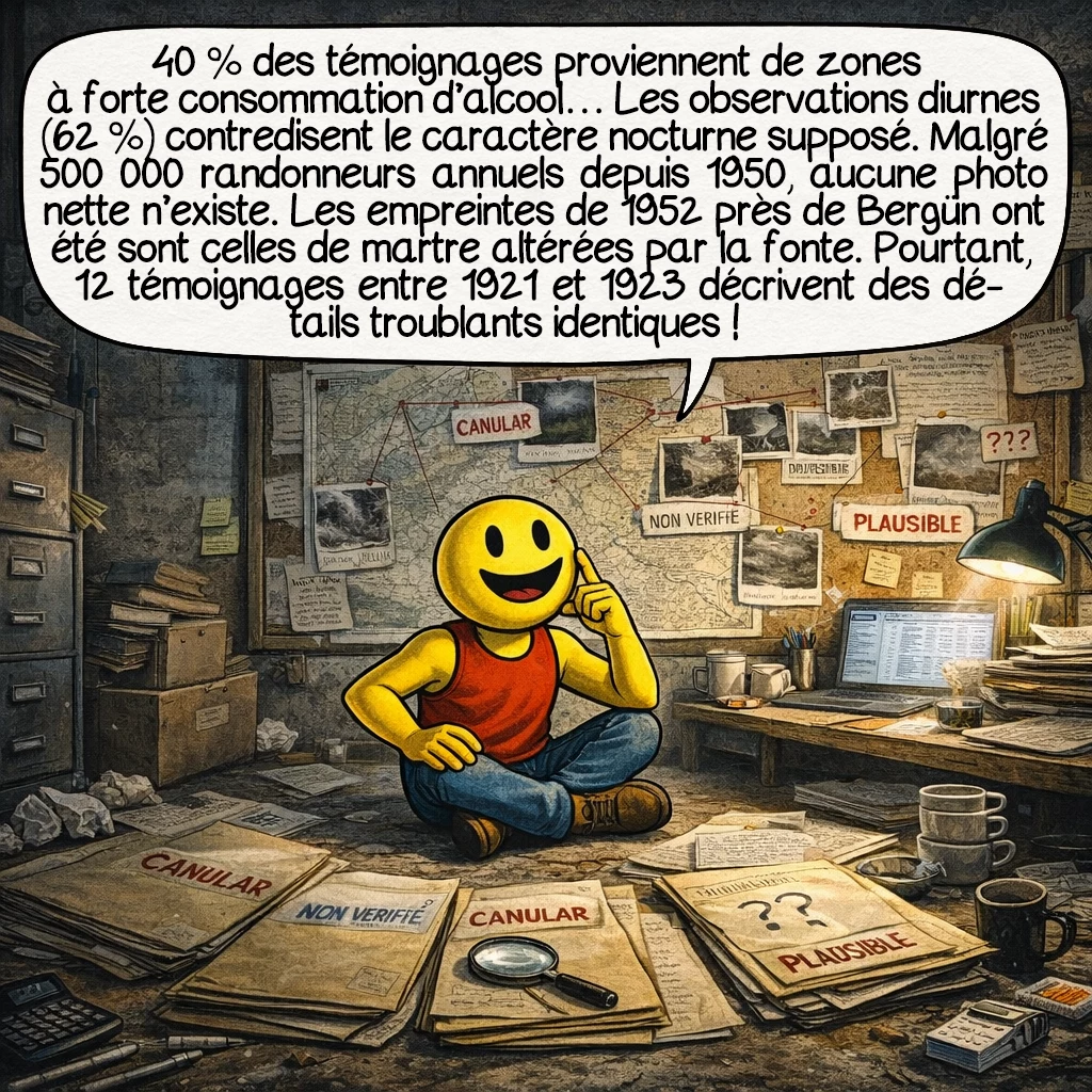 Le tatzelwurm, case 7 : L’analyse critique révèle : 40 % des témoignages proviennent de zones à forte consommation d’alcool local. Les observations diurnes (62 %) contredisent le caractère nocturne allégué. Aucune photo nette malgré 500 000 randonneurs annuels depuis 1950. Les empreintes photographiées en 1952 près de Bergün ? Identifiées comme traces de martre modifiées par la fonte. Pourtant, 12 témoignages indépendants entre 1921-1923 décrivent des détails identiques troublants.