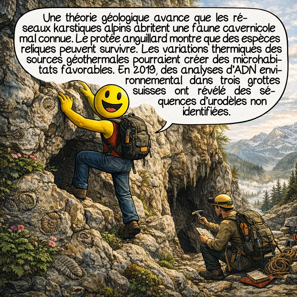Le tatzelwurm, case 8 : Théorie géologique : les réseaux karstiques alpins abritent une faune cavernicole endémique mal connue. Le protée anguillard, amphibien serpentiforme aveugle des grottes dinariques, prouve la survie possible d’espèces reliques. Les variations thermiques des sources géothermales créeraient des microhabitats permettant la survie d’espèces mésozoïques. Des analyses d’ADN environnemental en 2019 dans trois grottes suisses ont détecté des séquences génétiques non identifiées d’urodèles.